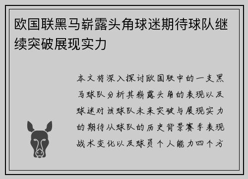 欧国联黑马崭露头角球迷期待球队继续突破展现实力